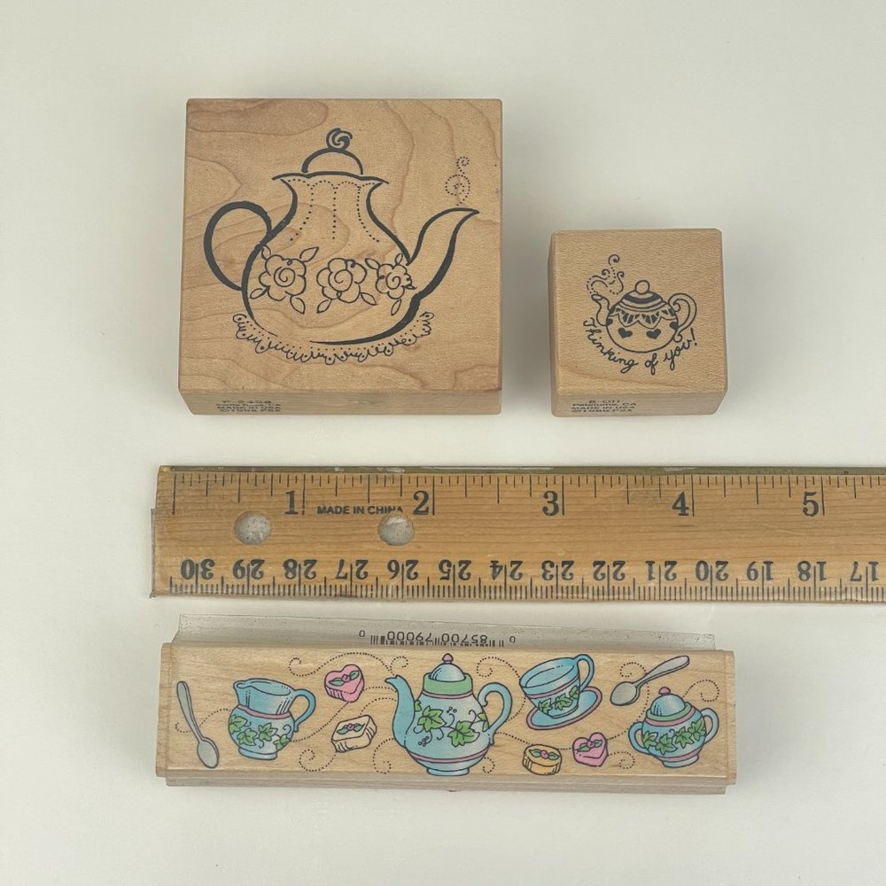 Vtg‎ 3 Rubber Stamps Tea Cups Tea Pots Thinking of you Tea Party PSX Hero Arts